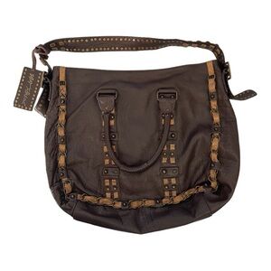 Betsey Johnson Y2K Cowgirl Boho Brown Leather Chain Studded Shoulder Bag